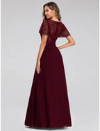 NumberSea - A - Line Wedding Guest Dresses Elegant Dress Fall Floor Length Short Sleeve V Neck Bridesmaid Dress Tulle with Sequin Appliques