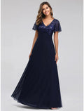 NumberSea - A - Line Wedding Guest Dresses Elegant Dress Fall Floor Length Short Sleeve V Neck Bridesmaid Dress Tulle with Sequin Appliques