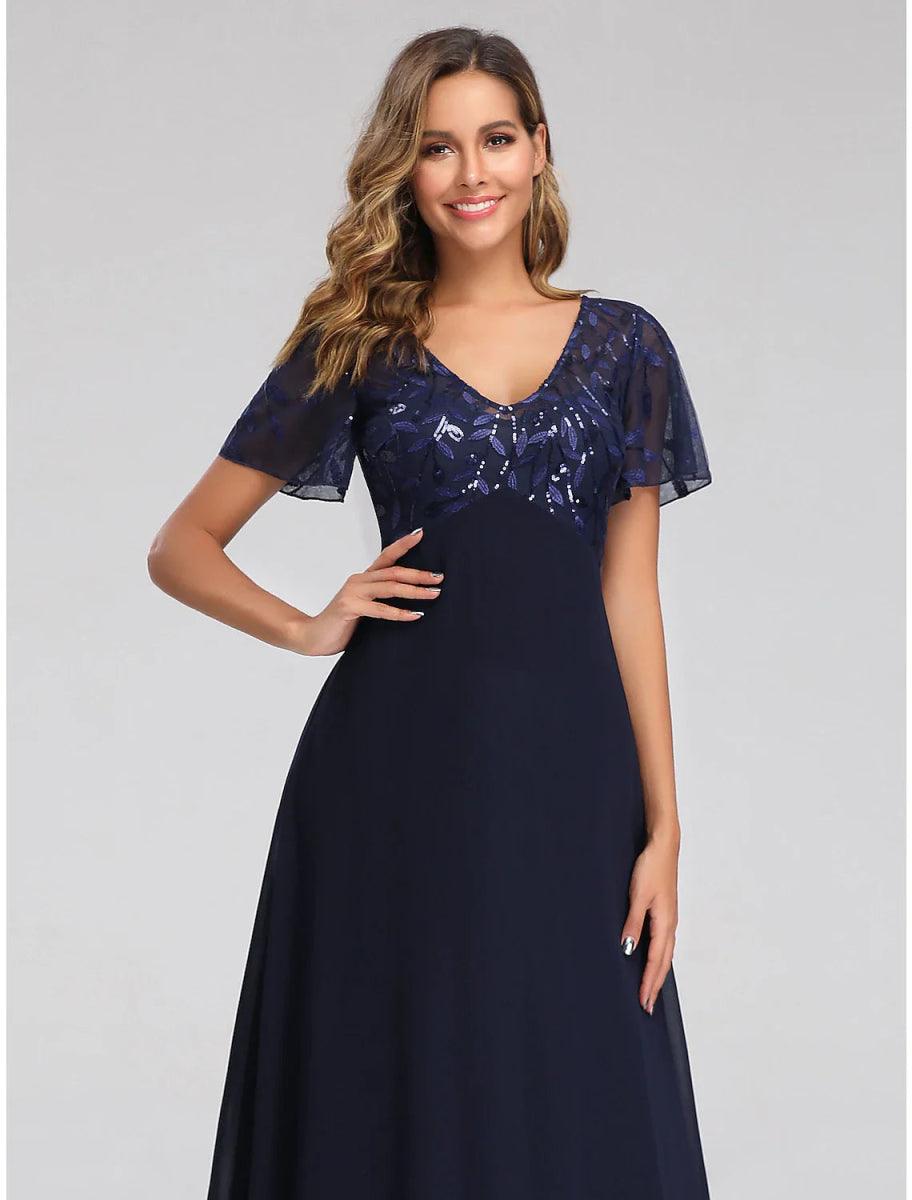 NumberSea - A - Line Wedding Guest Dresses Elegant Dress Fall Floor Length Short Sleeve V Neck Bridesmaid Dress Tulle with Sequin Appliques