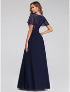 NumberSea - A - Line Wedding Guest Dresses Elegant Dress Fall Floor Length Short Sleeve V Neck Bridesmaid Dress Tulle with Sequin Appliques