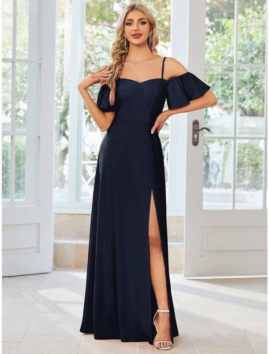 A-Line Wedding Guest Dresses Elegant Dress Formal Floor Length Short Sleeve Off Shoulder Stretch Fabric with Slit Pure Color US 16Plus / UK 20 / EU 46 A-Line Wedding Guest Dresses Elegant Dress Formal Floor Length Short Sleeve Off Shoulder Stretch Fabric with Slit Pure Color US 16Plus / UK 20 / EU 46