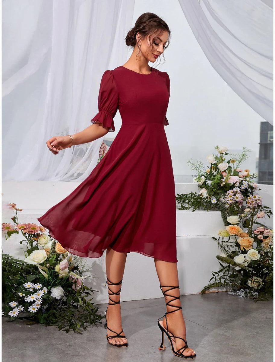 NumberSea - A - Line Wedding Guest Dresses Elegant Dress Holiday Graduation Tea Length Half Sleeve Jewel Neck Chiffon with Fringe