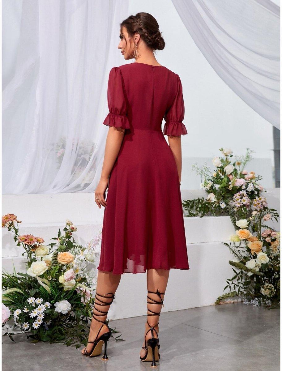 NumberSea - A - Line Wedding Guest Dresses Elegant Dress Holiday Graduation Tea Length Half Sleeve Jewel Neck Chiffon with Fringe
