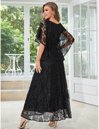 NumberSea - A - Line Wedding Guest Dresses Elegant Dress Party Wear Ankle Length Half Sleeve Jewel Neck Lace with Ruffles Appliques