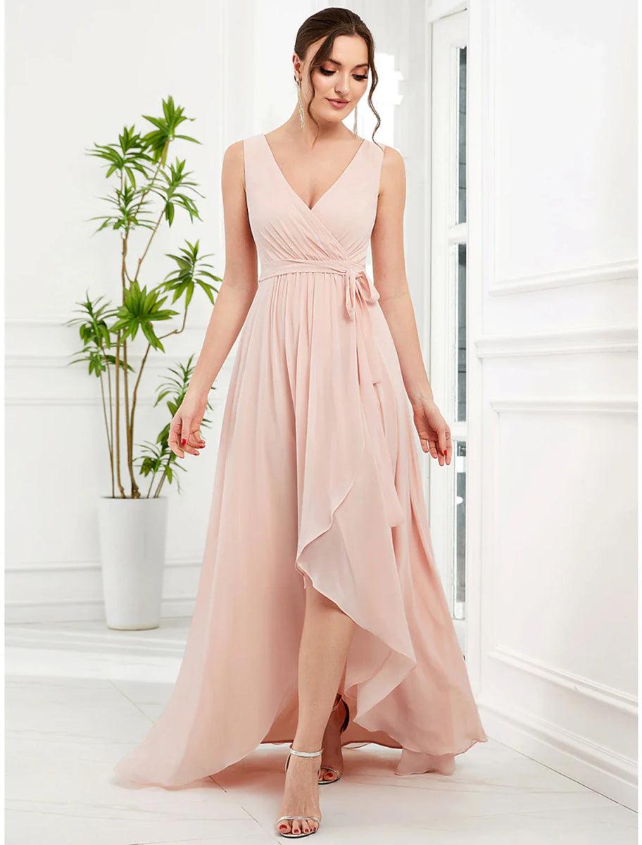 NumberSea - A - Line Wedding Guest Dresses Elegant Dress Party Wear Asymmetrical Sleeveless Spaghetti Strap Chiffon with Ruffles Slit