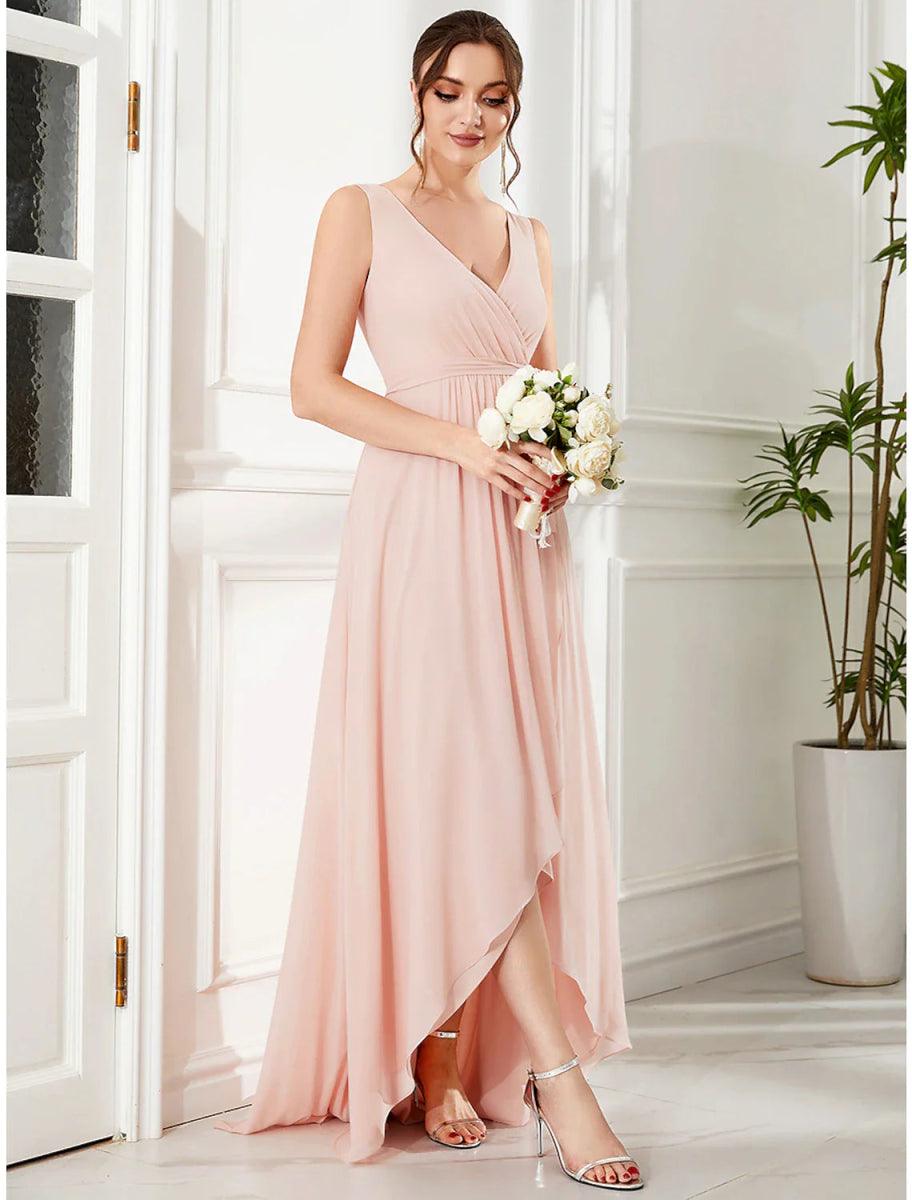 NumberSea - A - Line Wedding Guest Dresses Elegant Dress Party Wear Wedding Party Asymmetrical Sleeveless Spaghetti Strap Bridesmaid Dress Chiffon with Ruffles Slit