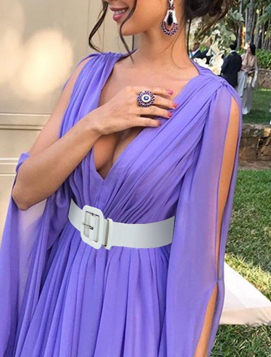 NumberSea-A-Line Wedding Guest Dresses Maxi Dress Wedding Party Dress Black Tie Floor Length Long Sleeve V Neck Fall Wedding Guest Chiffon with Belt