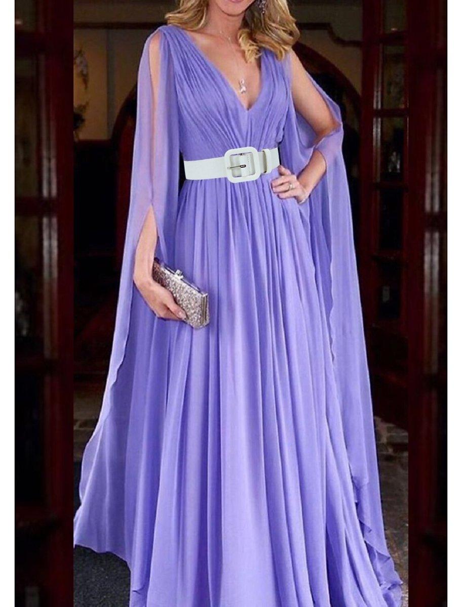 NumberSea-A-Line Wedding Guest Dresses Maxi Dress Wedding Party Dress Black Tie Floor Length Long Sleeve V Neck Fall Wedding Guest Chiffon with Belt
