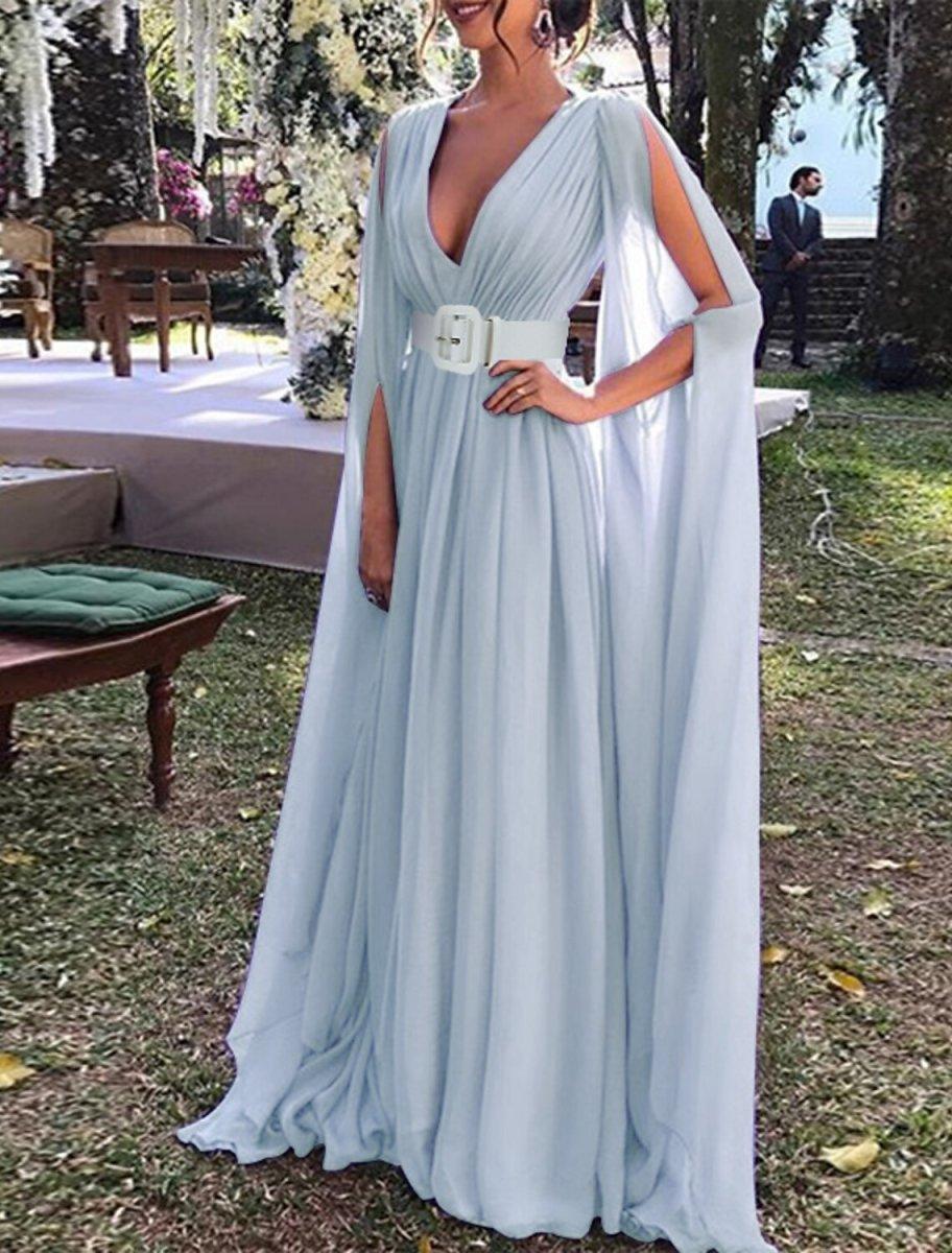 chiffon maxi dress for wedding guest NumberSea-A-Line Dresses Wedding Party Dress Black Tie Floor Length Long Sleeve V Neck Fall Wedding Guest with Belt Popular Picks Size:S (34–36) line skirt Elevated, All-Linen summer outfit