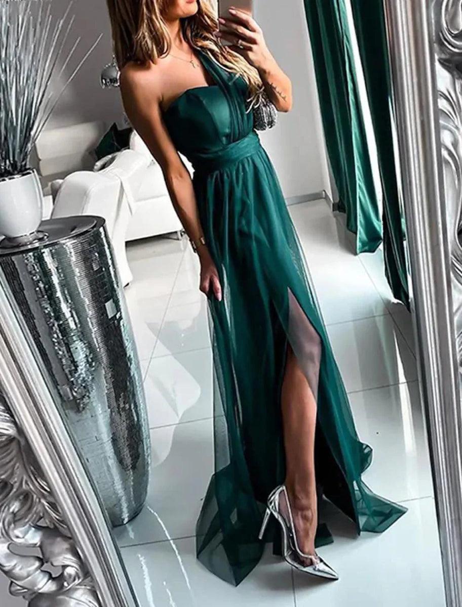 NumberSea-A-Line Wedding Guest Dresses Sexy Dress Wedding Guest Prom Sweep / Brush Train Sleeveless One Shoulder Polyester with Pleats Slit