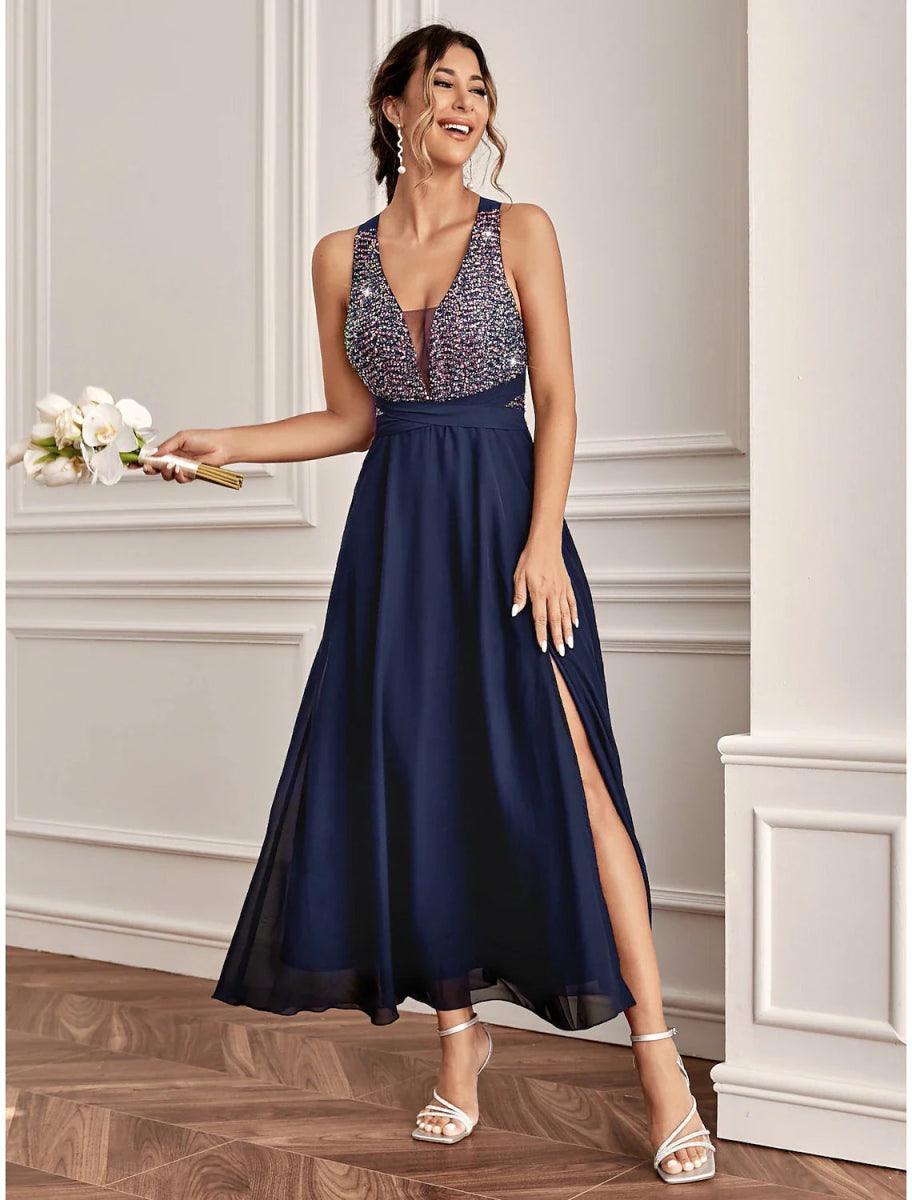 A-Line Wedding Guest Dresses Sparkle & Shine Dress Holiday Cocktail Party Ankle Length Sleeveless V Neck Sequined with Sequin Slit US 22Plus / UK 26