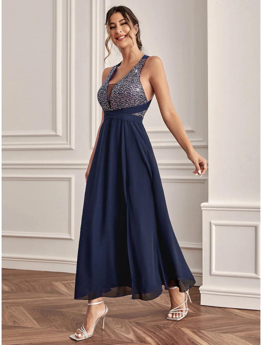 A-Line Wedding Guest Dresses Sparkle & Shine Dress Holiday Cocktail Party Ankle Length Sleeveless V Neck Sequined with Sequin Slit US 22Plus / UK 26