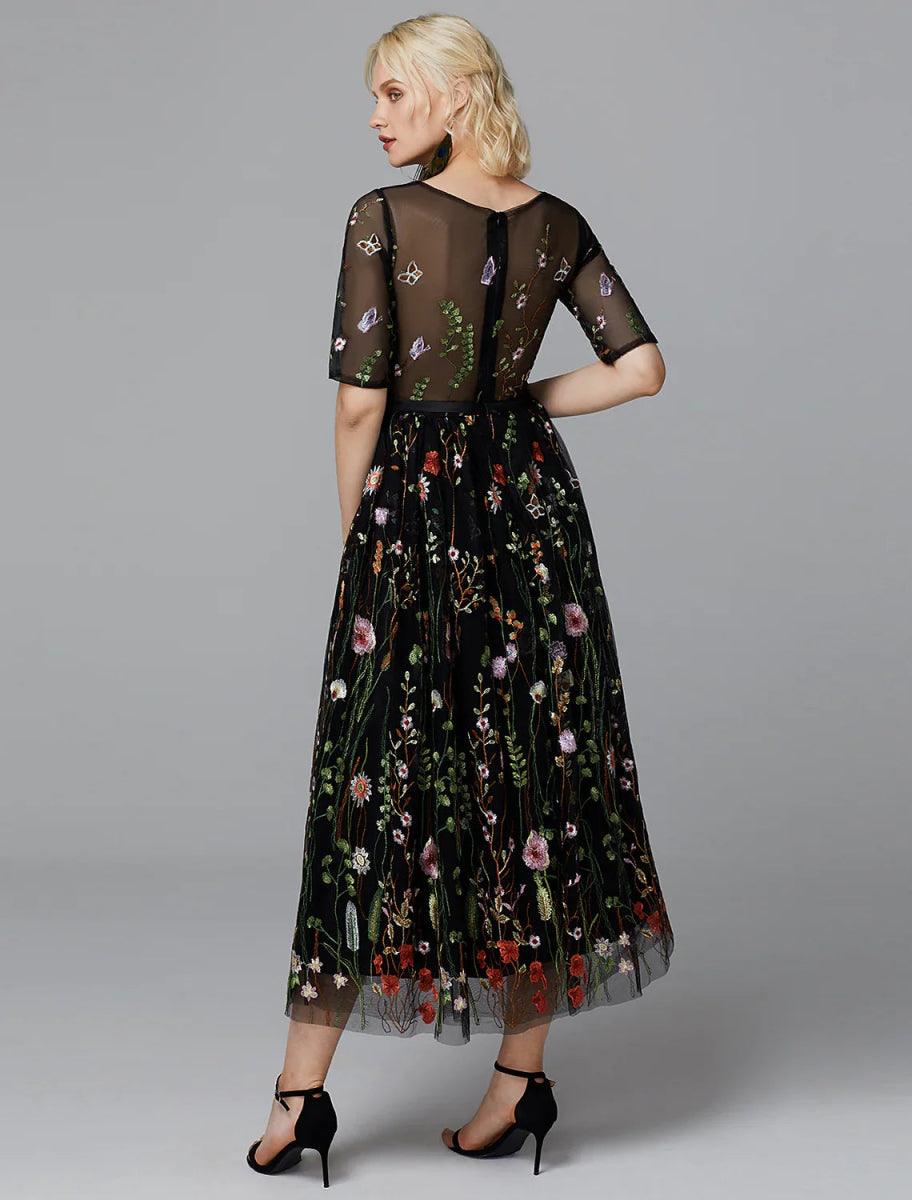NumberSea - A - Line White Dress Holiday Tea Length Half Sleeve Illusion Neck Lace with Embroidery Appliques