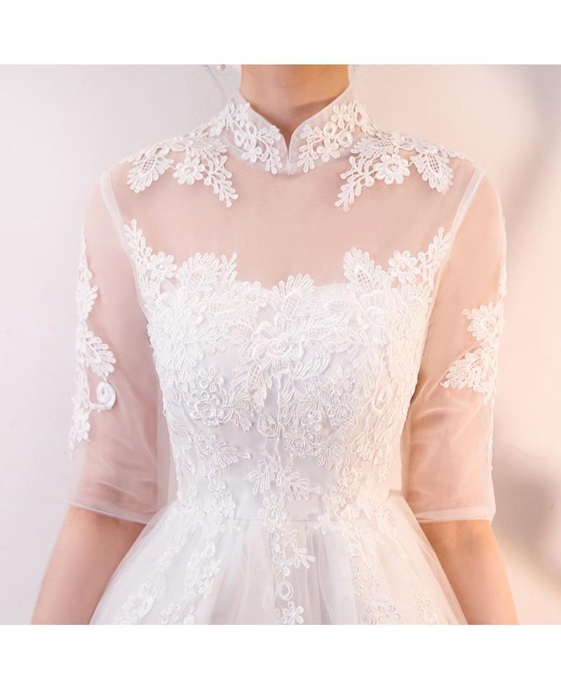 Vestido de fiesta de tul y encaje blanco con corte A y mangas