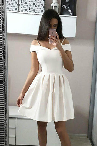 A-Line White Spaghetti Straps Satin Homecoming Dress Short Prom Dress