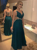 A-Linie/Elegant Ärmellos V-Ausschnitt Bodenlang Perlenbesetzt Chiffon Ballkleider