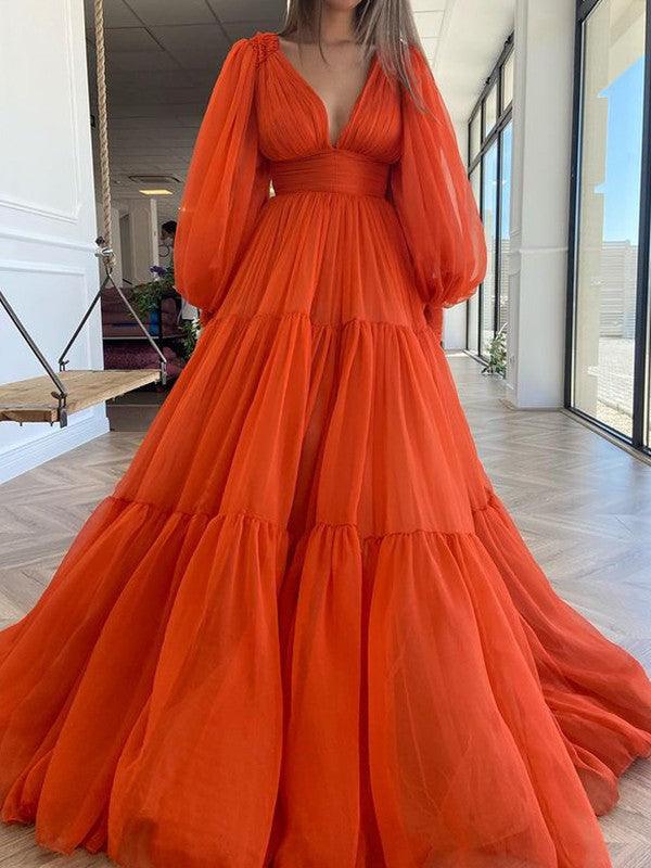 A-Linie/Elegant V-Ausschnitt Lange Ärmel 3D Chiffon Rüschen Ballkleider