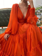 A-Linie/Elegant V-Ausschnitt Lange Ärmel 3D Chiffon Rüschen Ballkleider