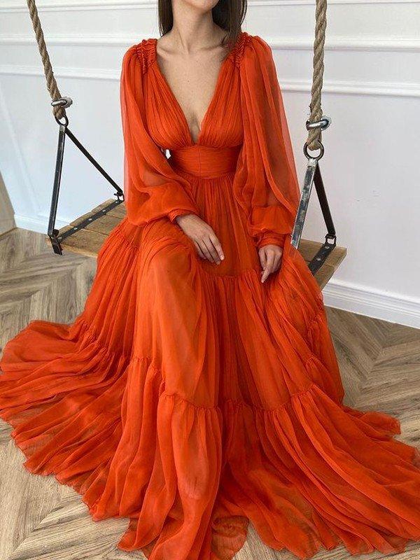 A-Linie/Elegant V-Ausschnitt Lange Ärmel 3D Chiffon Rüschen Ballkleider