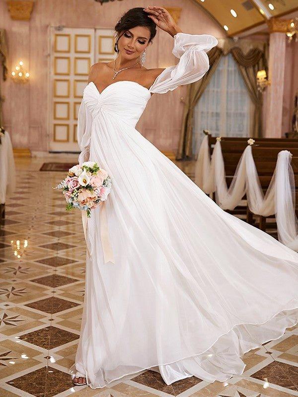 NumberSea-A-Line/Princess 30D Chiffon Ruched Off-the-Shoulder Long Sleeves Sweep/Brush Train Wedding Dresses White / US 14 / UK 18 / EU 44