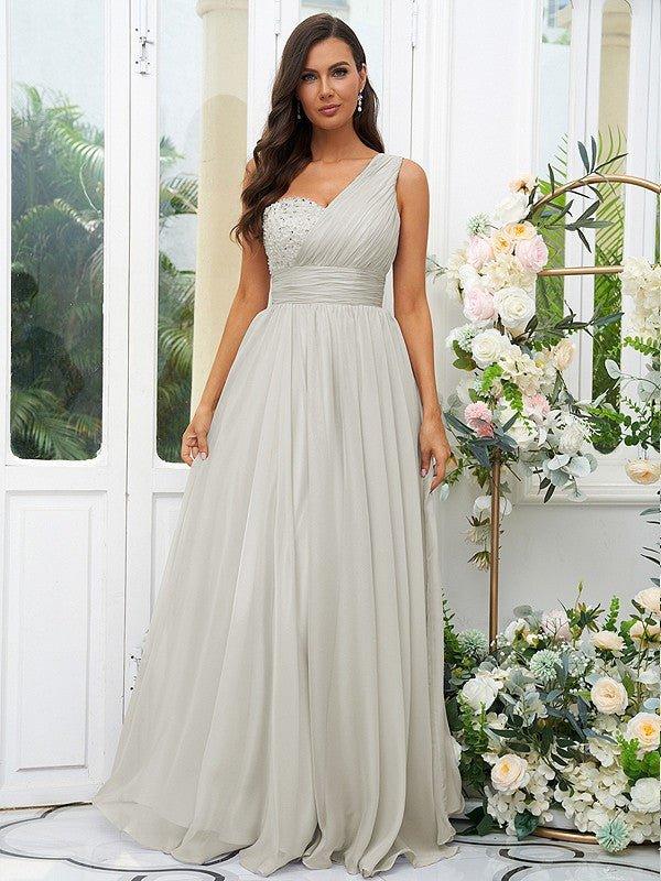 NumberSea-A-Line/Princess 30D Chiffon Sequin One-Shoulder Sleeveless Floor-Length Bridesmaid Dresses