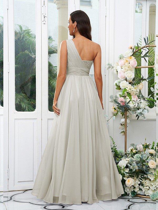 NumberSea-A-Line/Princess 30D Chiffon Sequin One-Shoulder Sleeveless Floor-Length Bridesmaid Dresses