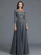 NumberSea - A - Line/Princess 3/4 Sleeves Bateau Floor - Length Chiffon Mother of the Bride Dresses