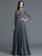 NumberSea - A - Line/Princess 3/4 Sleeves Bateau Floor - Length Chiffon Mother of the Bride Dresses
