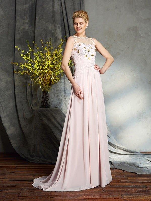NumberSea - A - Line/Princess Bateau Applique Sleeveless Long Chiffon Mother of the Bride Dresses