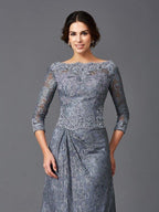 NumberSea - A - Line/Princess Bateau Lace 3/4 Sleeves Long Net Mother of the Bride Dresses