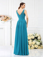 NumberSea - A - Line/Princess Bateau Pleats Sleeveless Long Chiffon Bridesmaid Dresses