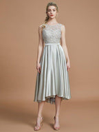 NumberSea - A - Line/Princess Bateau Sleeveless Ruffles Asymmetrical Silk like Satin Bridesmaid Dresses