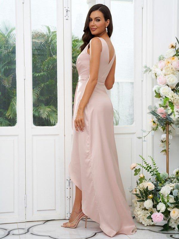 NumberSea - A - Line/Princess Charmeuse Ruched V - neck Sleeveless Sweep/Brush Train Bridesmaid Dresses