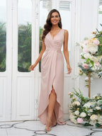 NumberSea - A - Line/Princess Charmeuse Ruched V - neck Sleeveless Sweep/Brush Train Bridesmaid Dresses