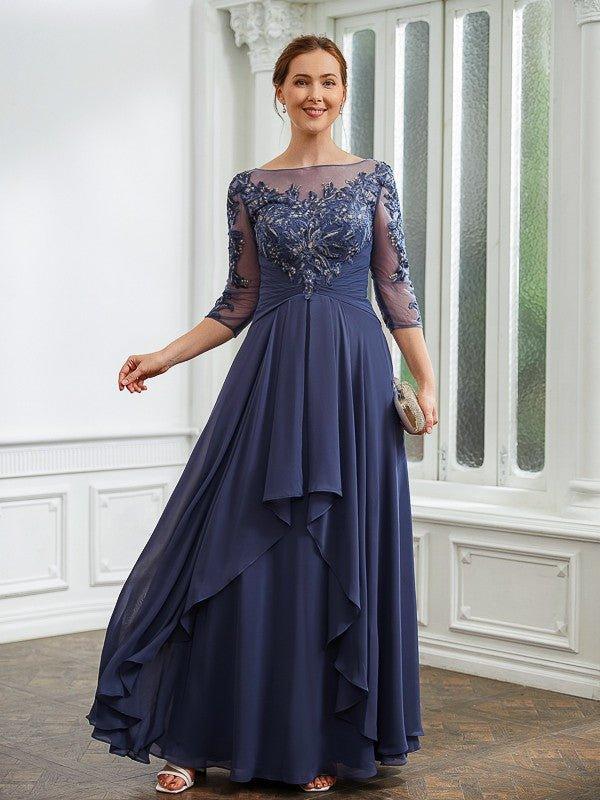NumberSea-A-Line/Princess Chiffon Applique Bateau 3/4 Sleeves Floor-Length Mother of the Bride Dresses US 12 / UK 16 / EU 42