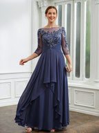 NumberSea - A - Line/Princess Chiffon Applique Bateau 3/4 Sleeves Floor - Length Mother of the Bride Dresses