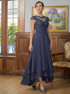 NumberSea - A - Line/Princess Chiffon Applique Scoop Short Sleeves Asymmetrical Mother of the Bride Dresses