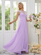 NumberSea - A - Line/Princess Chiffon Applique Scoop Short Sleeves Floor - Length Bridesmaid Dresses