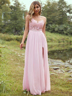 NumberSea - A - Line/Princess Chiffon Applique Scoop Short Sleeves Floor - Length Bridesmaid Dresses
