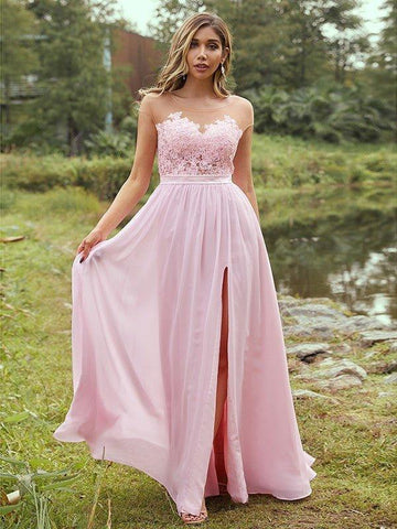 NumberSea - A - Line/Princess Chiffon Applique Scoop Short Sleeves Floor - Length Bridesmaid Dresses