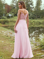 NumberSea - A - Line/Princess Chiffon Applique Scoop Short Sleeves Floor - Length Bridesmaid Dresses