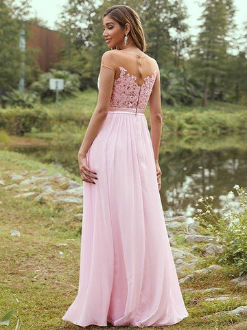 NumberSea - A - Line/Princess Chiffon Applique Scoop Short Sleeves Floor - Length Bridesmaid Dresses