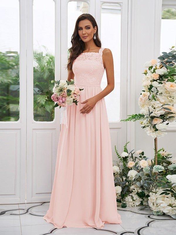NumberSea - A - Line/Princess Chiffon Applique Square Sleeveless Floor - Length Bridesmaid Dresses