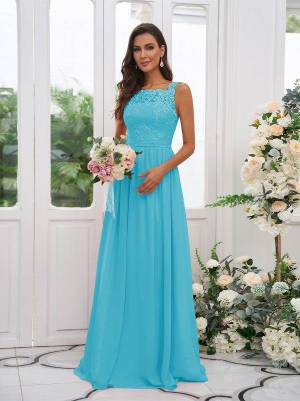 NumberSea - A - Line/Princess Chiffon Applique Square Sleeveless Floor - Length Bridesmaid Dresses