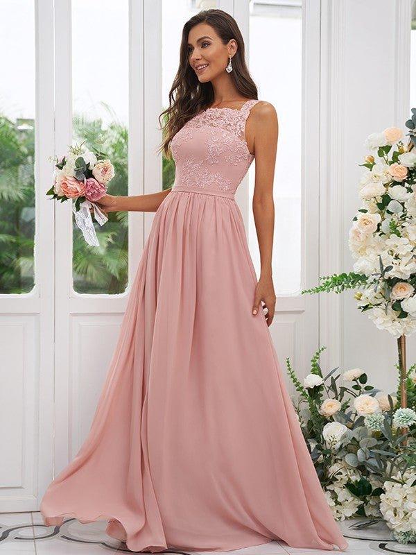 NumberSea - A - Line/Princess Chiffon Applique Square Sleeveless Floor - Length Bridesmaid Dresses