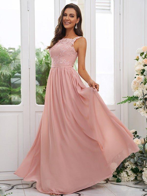 NumberSea - A - Line/Princess Chiffon Applique Square Sleeveless Floor - Length Bridesmaid Dresses