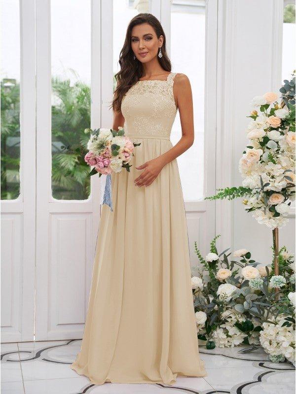 NumberSea - A - Line/Princess Chiffon Applique Square Sleeveless Floor - Length Bridesmaid Dresses