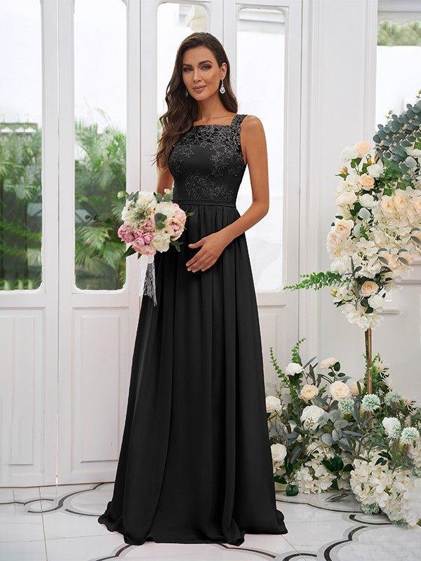 NumberSea - A - Line/Princess Chiffon Applique Square Sleeveless Floor - Length Bridesmaid Dresses
