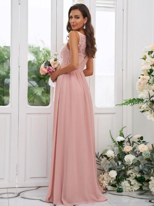 NumberSea - A - Line/Princess Chiffon Applique Square Sleeveless Floor - Length Bridesmaid Dresses