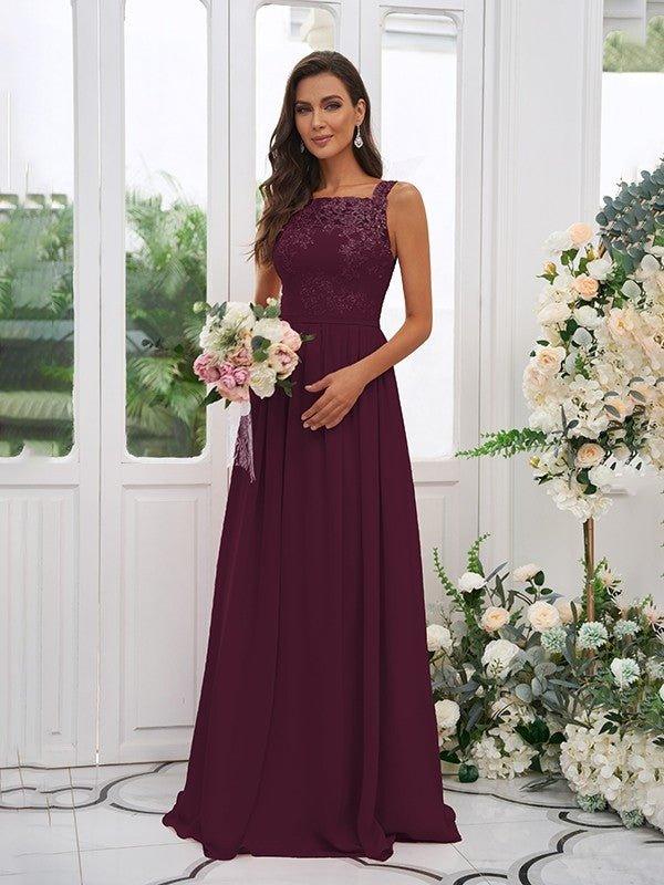 NumberSea - A - Line/Princess Chiffon Applique Square Sleeveless Floor - Length Bridesmaid Dresses